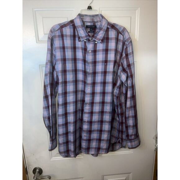 Tommy Hilfiger Other - Tommy Hilfiger Mens Plaid Button Up Shirt Size XL Burgundy Pink Blue Long Sleeve